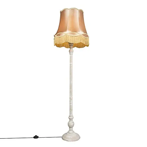 Qazqa Retro Stehlampe Grau mit Gold-Lampenschirm - Elegante Stehlampe für Wohnzimmer und Schlafzimmer, geeignet für E27-LED-Leuchtmittel. Dimmbar für stimmungsvolle Beleuchtung und aus hochwertigem Holz gefertigt.