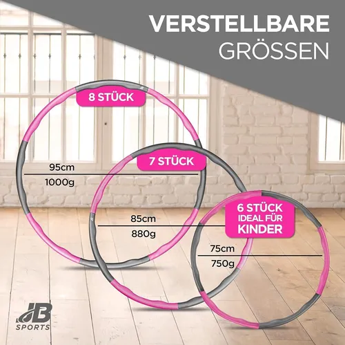 Hula Hoop Reifen Rosa/Grau für Erwachsene & Kinder - Verstellbar in 8 Teilen für Massage & Gewichtsverlust - Fitnessreifen mit variablem Gewicht - Home Workout & Rückentraining