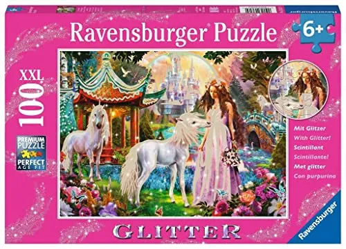 Ravensburger Kinderpuzzle - 13617 Im Reich der Blütenkönigin - Einhorn-Puzzle für Kinder ab 6 Jahren, mit 100 Teilen im XXL-Format, mit Glitzer