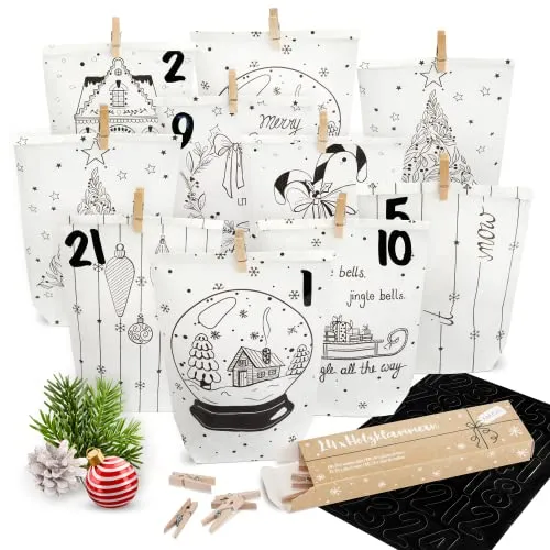AMARI ® Adventskalender zum Befüllen - 24 Papier Adventstüten (mit Holzklammern) zum Basteln für Weihnachten - Papier Weihnachtstüten mit Zahlenaufkleber