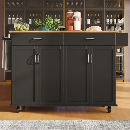 MERAX Küchenwagen mit erweiterbarer Arbeitsplatte, Küchenschrank mit Holzmaserung, 2 Schubladen, Handtuchhalter 106×50×90.5cm, Schwarz