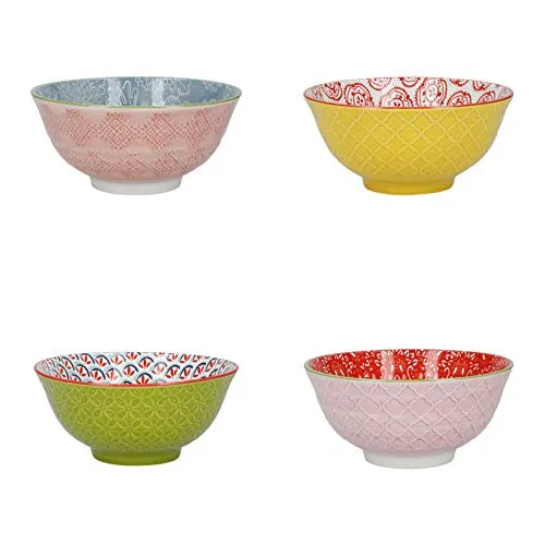 KitchenCraft Gemusterte Müslischale 4er Set in Geschenkbox - Schüsselsets, ideal für Eis und Suppe, mit fröhlichen 'Brights' Designs – perfekt für stilvolle Anlässe oder den täglichen Gebrauch.