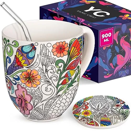Yang Chai Jumbotasse 900ml - Großes Geschenkset mit Untersetzer - Thermobehälter aus hochwertigem Knochenporzellan, mikrowellengeeignet und pflegeleicht. Ideal für Tee, Kaffee und mehr.