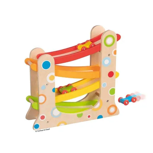 goki Autorennbahn mit 3 Autos und Kaskade - Holzspielzeug für Kinder ab 2 Jahren, fördert die Motorik und sorgt für spannenden Spielspaß.