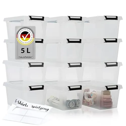 Hausfelder Aufbewahrungsboxen Set mit Deckel – 12 Stück, 5 l - Praktisches 12er Set stapelbarer Aufbewahrungsboxen mit 5 l Fassungsvermögen. Ideal für Küche, Spielzeug oder Bürobedarf. Mit stabilen Verschlussclips für sicheren Inhalt und transparentem Design zur einfachen Sichtbarkeit.