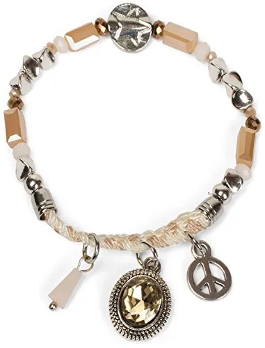 styleBREAKER Armband mit Perlen, Charm Anhänger und Flechtung, Peace, Schmuckstein, Gummizug, Stretcharmband, Schmuck, Damen 05040142, Farbe:Beige-Braun