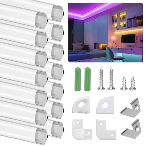 Ykall LED Aluminium Profil, LED Profil 14 x 1m, LED-Kanäle V-Form für LED Streifen, LED Leiste Profil und Diffusor für Perfektes Licht, mit Eckverbinder, Endkappen, Schrauben und Montageclips