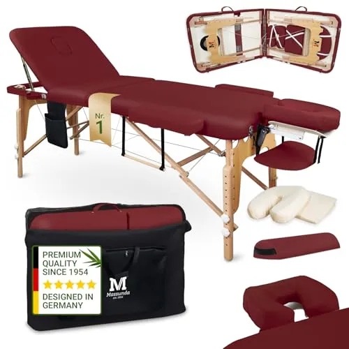 MASSUNDA Mobile Massageliege aus Vollholz – klappbarer 3-Zonen Massagetisch inkl. Zubehör – ideal für Massage, Kosmetik & Tattoo - Burgunder-Rot