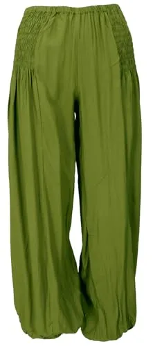 GURU SHOP Luftige Muckhose - Lemon, Boho Pluderhose für Damen - Damen-Hosen mit lockerem Schnitt und figurschmeichelndem Bund, ideal für den Sommer und vielseitig tragbar als 3/4 Hose.