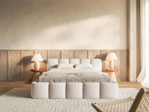 Selsey Polsterbett Cloudy Low, Ecru, 140x200 cm - Elegantes Polsterbett für höchsten Komfort, mit wasserabweisendem Chenille-Stoff und modernem Design, ideal für stilvolle Schlafzimmer.