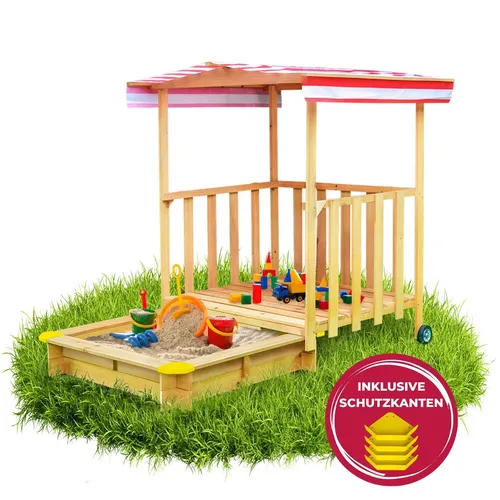 Spielhaus mit Sandkasten und Sonnendach - Sandkasten mit Spiel-Veranda, ideal für Kinder von 3-11 Jahren, fördert kreatives Spielen im Freien und bietet Schutz vor Sonne.