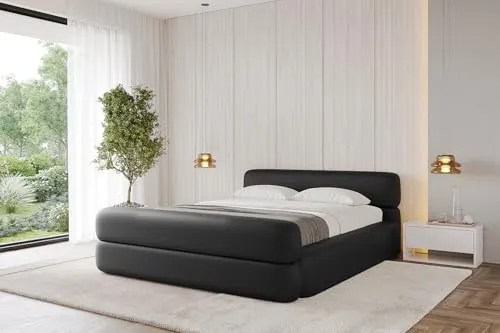 ALTDECOR Polsterbett mit Bettkasten und Lattenrost, Bett mit Matratze H3/H4, Kopfteil, Boxbett, Doppelbett mit Stauraum - Enora-Z-v1-180x200 Schwarz Kunstleder