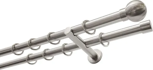 Gardinia Stilgarnitur 2-Lauf Edelstahloptik mit Kugel, 160 cm - Gardinenstangen in edelstahloptik, 2-Lauf für flexible Aufhängung von Vorhängen und Gardinen, ideal für moderne Wohnräume.