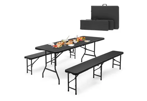 Sekey Bierzeltgarnitur 3-teilig Klappbar mit Tragegriff - Praktische Gartenmöbelgarnitur mit klappbarem Design für einfachen Transport. Wetterfest und robust, ideal für drinnen und draußen. Hohe Tragfähigkeit von 150 kg für den Tisch und 300 kg für die Bänke.