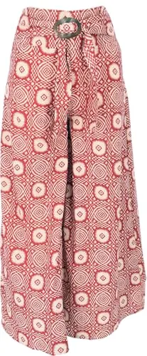 GURU SHOP Boho Palazzohose mit Kokosschnalle – Luftige Sommerhose in Rot, Damen, Size:S - Luftige Baumwollhose mit breitem elastischen Bund, ideal für warme Tage. Die handbedruckte Hose bietet hohen Tragekomfort und ein stylisches Design mit Kokosschnalle.