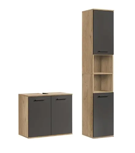 mokebo Badmöbel-Set Der Steuermann, 2-teilig in Weiß - Badmöbel-Set mit hochwertiger Melaminbeschichtung und modernem Design, bietet viel Stauraum für Handtücher und Kosmetika. Lieferung direkt an die Wohnungstür ohne Möbelhausbesuch!