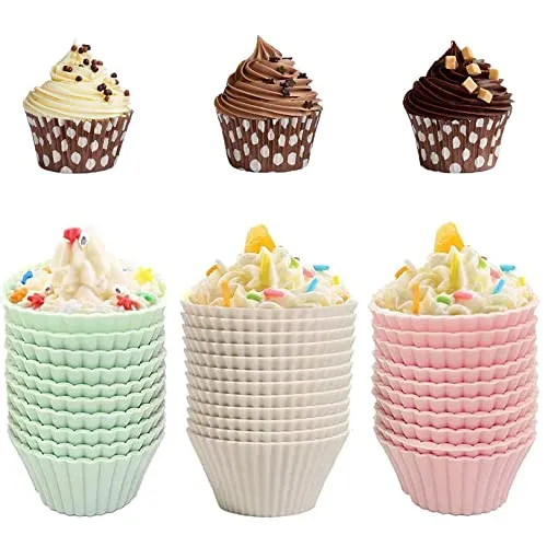 Stück Silikon Cupcake Formen, Wiederverwendbare Backformen, Antihaft Hitzebeständig Muffinformen für Kuchen, Eis, Pudding, Gelee (Pink, Grün, Gelb) 30