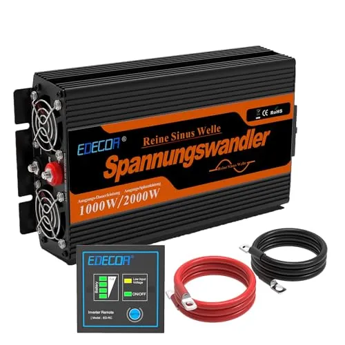 EDECOA Wechselrichter 12v auf 230v Reiner Sinus 1000w Wohnwagen Spannungswandler 2X USB und Fernbedienung KFZ Stromwandler Inverter 12v 220v Umrichter