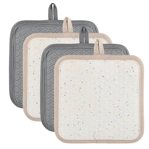 Stück Silikon Topflappen Set, 20×20×0.3cm topflappen handschuh mit verstärktem Baumwollbeutel Temperaturbereich: -40 bis 230 °C Geeignet zum Kochen und Backen, Grau und Beige 4