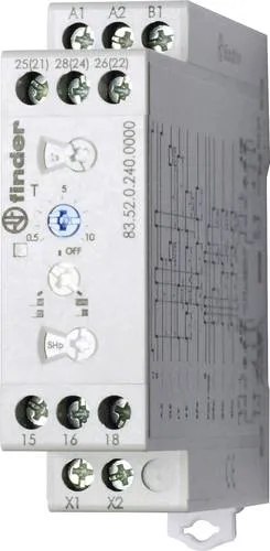 Finder 83.52.0.240.0000 Zeitrelais Multifunktional - Multifunktionszeitrelais für DIN-Schiene, 22,5 mm breit, mit 2 Wechslern für 12 A / 250 V AC und wählbarem Sofortkontakt – ideal für flexible Elektroinstallationen.