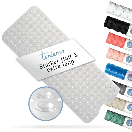 Toniamo Badewannenmatte rutschfest 100x40 cm | Extra Lange Badematte rutschfest | Antirutschmatte Badewanne ohne BPA | Badewannen Matte antibakteriell & maschinenfest | Anti Rutschmatte | Transparent