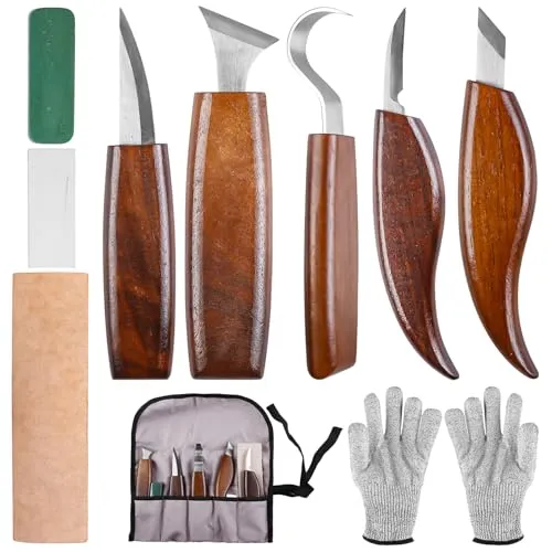Schnitzmesser Set, 10 Stücke Holz-Schnitzwerkzeug Set, Holzschnitzerei Messer Werkzeuge, Holzschnitzset mit Schnitzmesser, Hakenmesser, Meißel, Hohlbeitel, Abziehstein, Werkzeugtasche