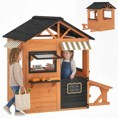 AIYAPLAY Kinderspielhaus aus Holz mit Spielküche und Gartenbank - Kreatives Spielvergnügen im Freien: Das großzügige Spielhaus bietet eine integrierte Küche und viel Platz für fantasievolle Rollenspiele. Hergestellt aus robustem Tannenholz, ist es wetterfest und sicher für Kinder von 3-8 Jahren.