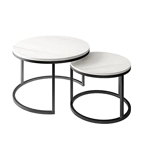 lukmebel Ciri Runder 2in1 Couchtisch – Set aus zwei Teilen - Satztische fürs Wohnzimmer, elegantes Design mit Levanto-Marmorplatten auf schwarzem Metallsockel, ideal für platzsparende Anordnung und vielseitige Nutzung.