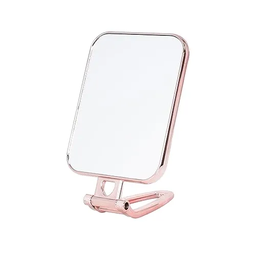 Rechteck Kosmetikspiegel mit Griff, 270° Faltbarer Standspiegel klein Tischspiegel Schminkspiegel normal Doppelseitiger Spiegel Reisespiegel für Make-up, Schminken, Haare kämmen, rasieren (Roségold)