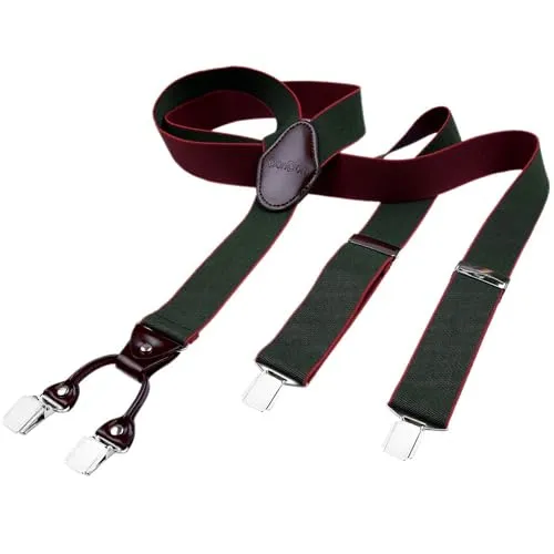 DonDon Hosenträger Herren extra stark dunkelgrün 3,5 cm Hosenträger Herren breit mit brauem Leder in Y-Form lang - Starke Clips passend für Anzug Jeans Chinos Vintage Rockabilly Suspenders
