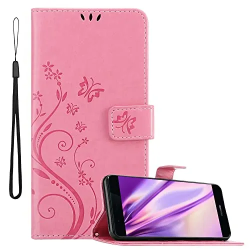 Cadorabo Hülle kompatibel mit Huawei P9 Blumen Design aus Premium Kunst Leder Flip Klappbare Stoßfeste Magnetische [Standfunktion] [Kartenfächern] Cover Hülle für Huawei P9 Tasche in Rosa