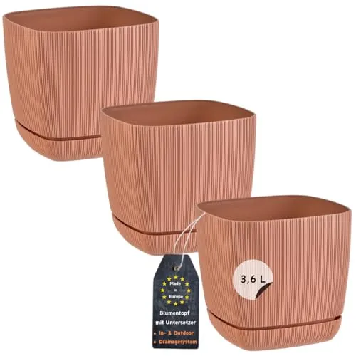 Engelland - 3 x Blumentopf mit Drainagesystem, Untersetzer, Farbe: Terrakotta, Rillenoptik, Pflanz-Topf, Kübel, modern, Kunststoff, quadratisch, 18 x 18 cm, 3,6 Liter