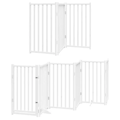 9-tlg. Hundetor mit Tür Faltbar Weiß - 450 cm, langlebig aus Pappelholz, einfach zu reinigen und ohne Bohren zu montieren