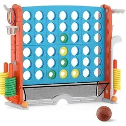 COSTWAY 4 in 1 Vier Gewinnt groß, Jumbo 4 Gewinnt mit Ringwurf, Basketballkorb, Golfspiel, Getränkehalter, Netzfach&Tragetasche, Vier Orange