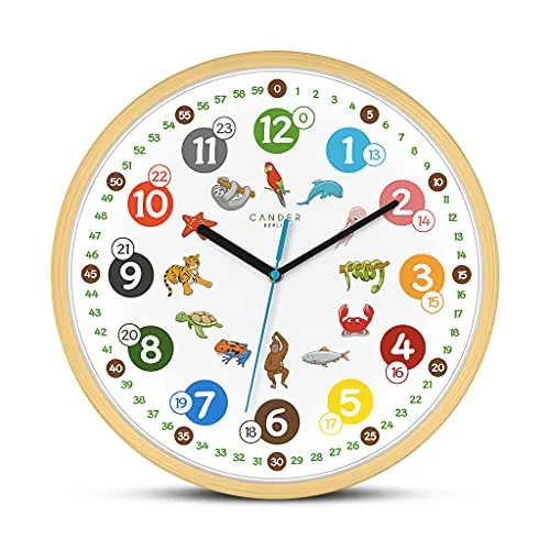 Cander Berlin MNU 2430 T Wanduhr Kinder Holzmotiv 30,5 cm Tiere Lernuhr Holzuhr lautlos geräuschlos analog Holzrahmen Kinderzimmer ohne Tickgeräusche Junge Mädchen