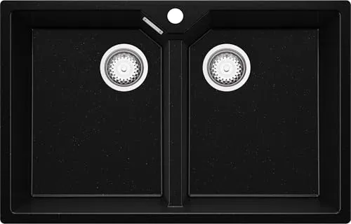 PRIMAGRAN Spülbecken Schwarz Metallic 78x50cm, Granitspüle 2 Becken + Ablauf-Set, Küchenspüle ab 80er Unterschrank - Madrid Twin S004