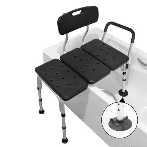 PEPE Mobility Badewannensitz Senioren, Transferbank mit Armlehnen, Schwarz | Höhenverstellbar von 84 bis 94 cm, Aluminium mit rutschfesten Saugnäpfen, Gepolsterter Duschstuhl, 77 x 50,5 cm