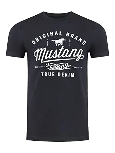 MUSTANG Tshirt Herren Regular Fit Rundhals Kurzarm Sommer Tee Shirt Logoprint Baumwolle, Größe:M, Farbe:Black (1004413-4142)