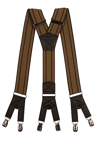 Olata extra breite Herren Hosenträger/Heavy Duty Y-Hosenträger mit 6 Clips – 5 cm. Creme mit Burgund Streifen/Grün Rand