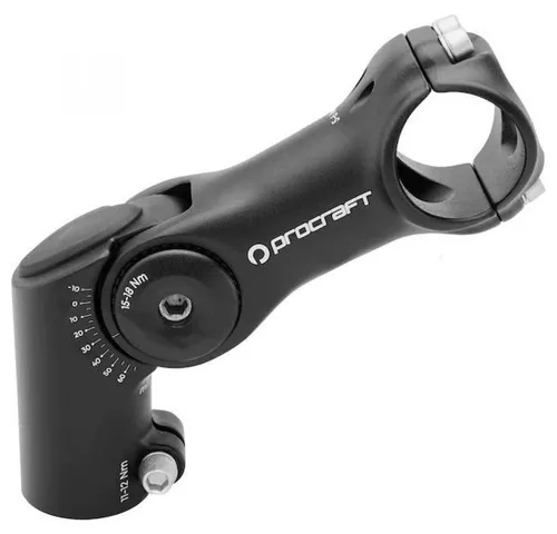 Procraft Fahrradlenker Vorbau Adjustable Pro -10° bis 60° - Der Procraft Adjustable Pro ist ein verstellbarer Fahrradlenkervorbau mit stufenloser Winkelverstellung von -10° bis 60°. Ideal für individuelle Anpassungen der Fahrposition, gefertigt aus leichtem und robustem Aluminium.