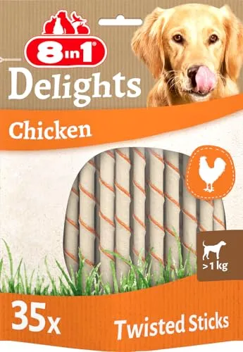 8in1 Delights Chicken Twisted Sticks - gesunde Kaustangen für Hunde, 35 Stück aus hochwertigem Hähnchenfleisch und Rinderhaut, unterstützt die Zahnpflege und sorgt für langanhaltenden Kauspaß