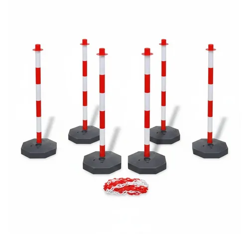 BruKa Absperrpfosten Set 6 Stück mit 30 Meter Kette - Flexible Absperrpfosten aus witterungsbeständigem Kunststoff mit extra starkem 40 mm Durchmesser für maximale Standfestigkeit. Ideal für Parkplätze und Stellflächen.