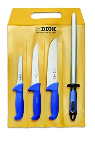 F. DICK Messer Set ErgoGrip 4-teilig - 4-teiliges Fleischermesser Set mit ergonomischem Griff für müheloses Arbeiten. Inklusive Wetzstahl für langanhaltende Schärfe und hochwertige Klingen aus X 55 Cr Mo V14 für optimale Leistung.
