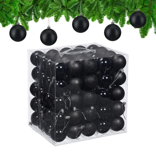 relaxdays Weihnachtsbaumkugel 100er Set, schwarz - Weihnachtskugeln im 100er Set mit 3 verschiedenen Designs für eine festliche Tanne. Bruchsicher und leicht, inklusive praktischer Aufbewahrungsbox für eine stilvolle Dekoration.