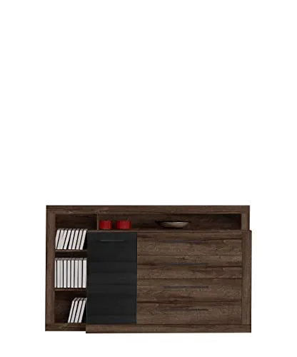 FORTE Bellevue Kommode mit 1 Tür und 1 Schublade, Schlammeiche und Schwarz Eiche - Stilvolle Kommode mit viel Stauraum durch offene und geschlossene Fächer. Verstellbare Einlegeböden und pflegeleichte Oberfläche garantieren Funktionalität und Eleganz.