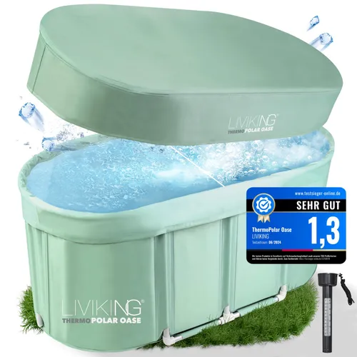 LIVIKING® Faltbare Badewanne & Eisbad - 120cm KOMFORT - Badewanne für Erwachsene, ideal für Regeneration und Wellness. Genieße Kälte- und Wärmebäder in der mobilen ThermoPolar Oase – perfekt für Garten, Terrasse oder Balkon.