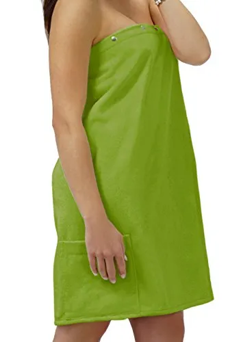 Lashuma Saunakilt Dame Grün - Moos - Hochwertiger Saunakilt aus 100% Baumwolle, leicht und bequem mit praktischen Druckknöpfen und Tasche, ideal für entspannte Wellnessmomente.