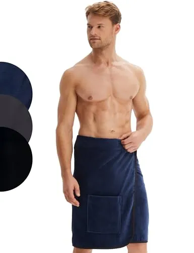 Morgenstern Saunakilt Herren mit Klettverschluss 100% Baumwolle Frottee Oeko-TEX® Handtuch 60x146 cm Saunahandtuch mit Tasche Jan Blau