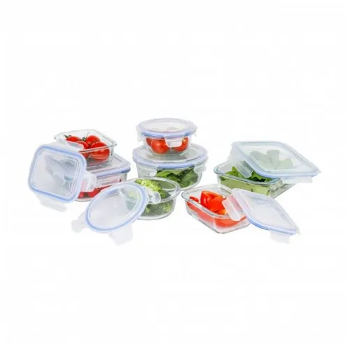 axentia Glas-Vorratsdosen Set - 7-teilig, transparent mit blauem Silikon-Dichtungsring - Vorratsdosen-Set aus hitzebeständigem Borosilikatglas mit Klick-Verschlüssen, ideal zum Erwärmen und Kühlen von Lebensmitteln. Hygienisch, geschmacksneutral und spülmaschinenfest.