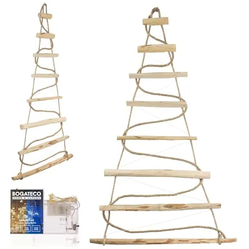 BOGATECO Handgemacht Weihnachtsbaum 95 cm hoch, aus Haselnussholz | Deko Anhänger | mit 200 cm LED-Leuchten | Holzplatten verbunden mit einem Juteseil mit Einer Dicke von 6 mm